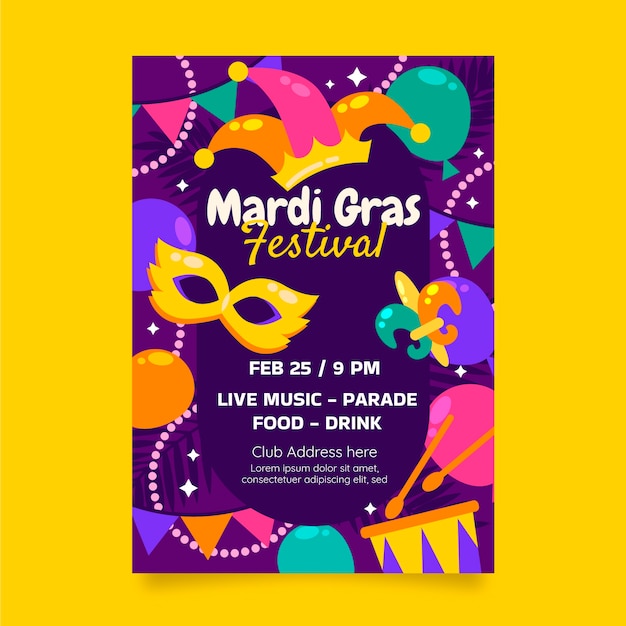 Modèle de flyer vertical plat mardi gras