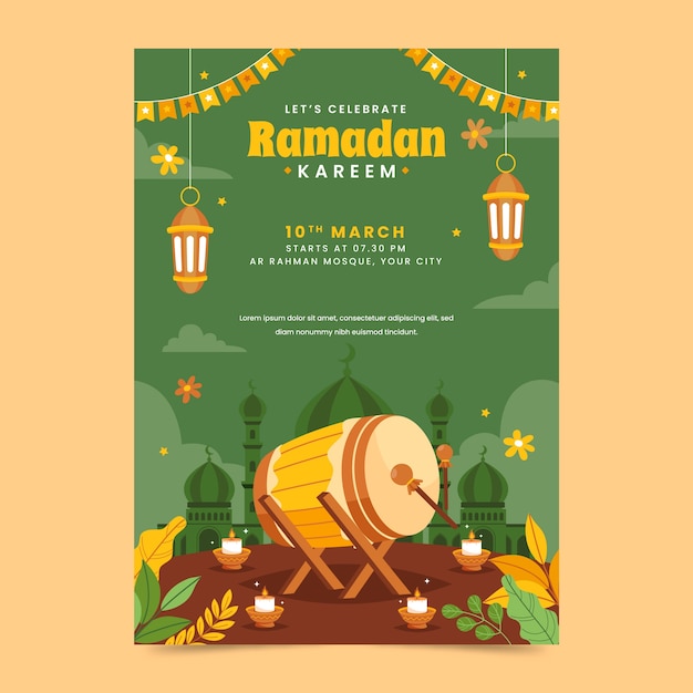 Vecteur gratuit un modèle de flyer vertical plat pour la célébration islamique du ramadan.