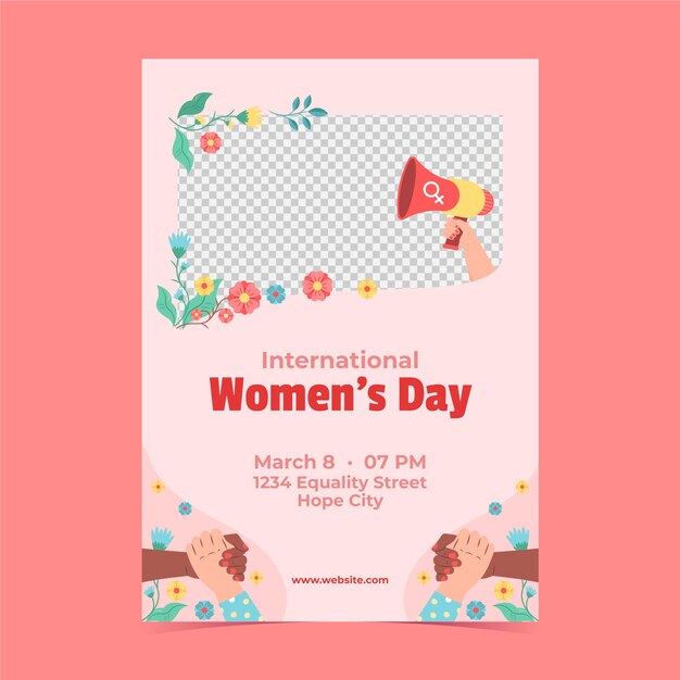 Vecteur gratuit un modèle de flyer vertical plat pour la célébration de la journée internationale de la femme.