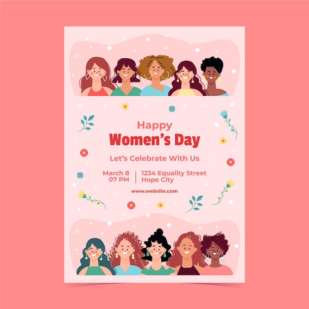 Vecteur gratuit un modèle de flyer vertical plat pour la célébration de la journée internationale de la femme.