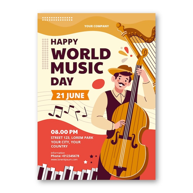 Vecteur gratuit modèle de flyer vertical plat pour la célébration de la journée mondiale de la musique