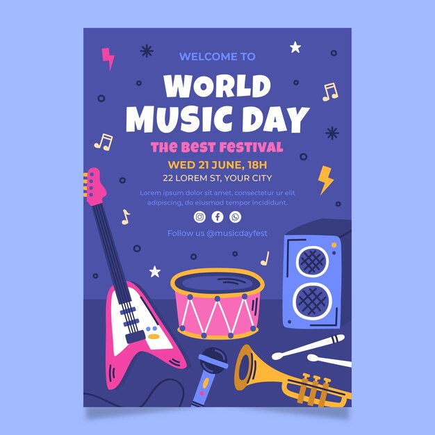 Modèle de flyer vertical plat pour la célébration de la journée mondiale de la musique