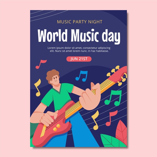 Modèle de flyer vertical plat pour la célébration de la journée mondiale de la musique