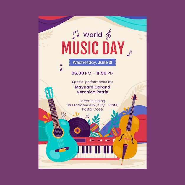 Vecteur gratuit modèle de flyer vertical plat pour la célébration de la journée mondiale de la musique