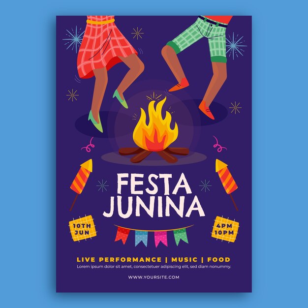 Modèle de flyer vertical plat pour les célébrations des festas juninas brésiliennes
