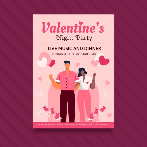 Vecteur gratuit modèle de flyer vertical plat pour la saint-valentin