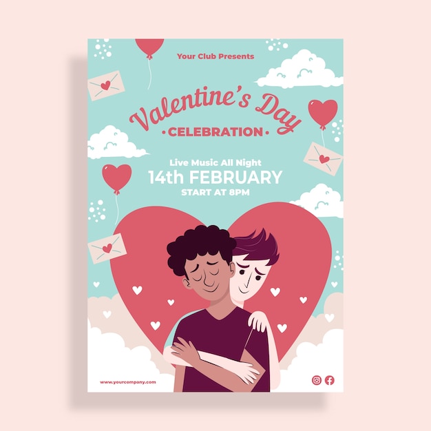 Vecteur gratuit modèle de flyer vertical plat pour la saint-valentin