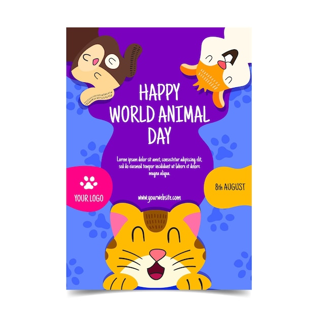 Vecteur gratuit modèle de flyer vertical pour la journée mondiale des animaux dessinés à la main