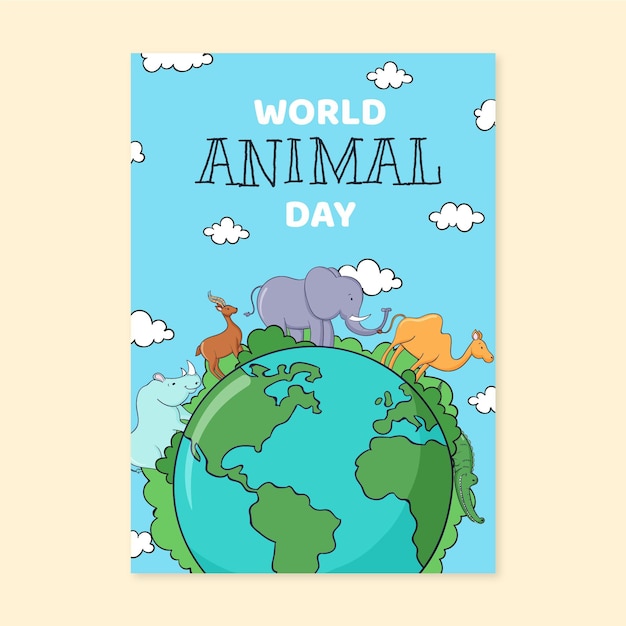 Modèle de flyer vertical pour la journée mondiale des animaux dessinés à la main