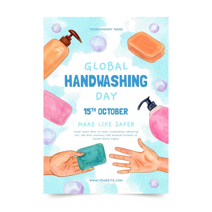 Vecteur gratuit modèle de flyer vertical pour la journée mondiale du lavage des mains à l'aquarelle