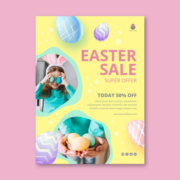 Modèle de flyer vertical pour la vente de Pâques avec des oreilles d'enfant et de lapin