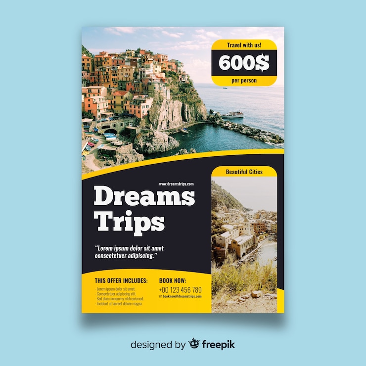 Vecteur gratuit modèle de flyer de voyage avec photo