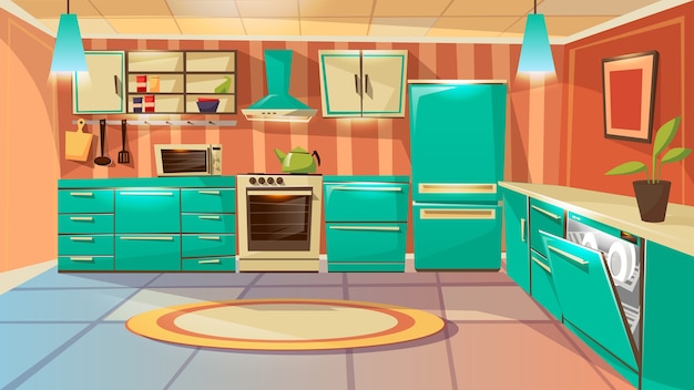 Vecteur gratuit modèle de fond intérieur de cuisine moderne. salle à manger de dessin animé avec des meubles