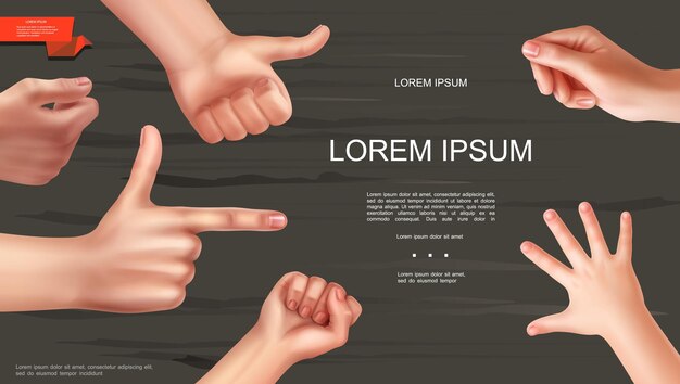 Modèle de geste de mains humaines réaliste avec poing féminin comme signe enfants paume indiquant et tenant quelque chose de femme mains sur fond en bois