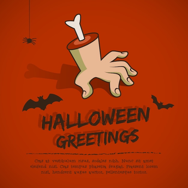 Vecteur gratuit modèle d'halloween heureux avec bras zombie texte et chauves-souris sur fond rouge