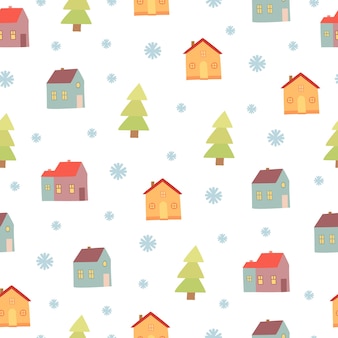 Modèle d'hiver avec des maisons et des arbres