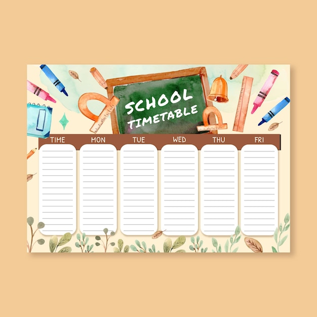 Vecteur gratuit modèle d'horaire de retour à l'école à l'aquarelle