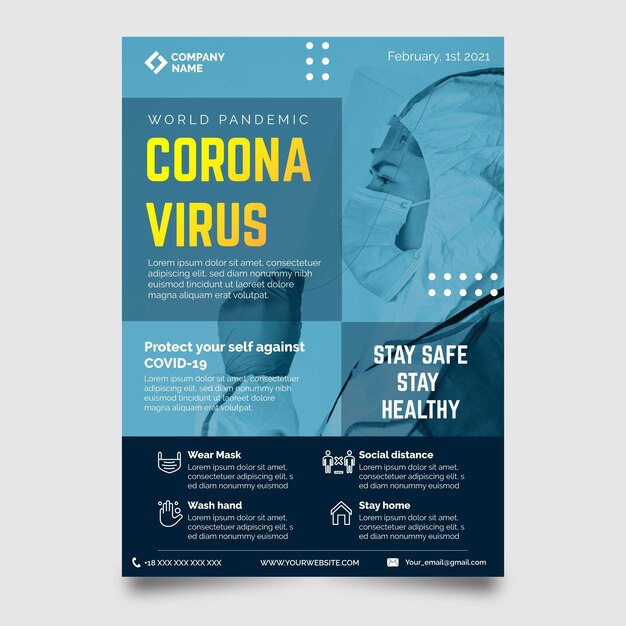 Vecteur gratuit modèle d'impression de produits médicaux de coronavirus avec photo