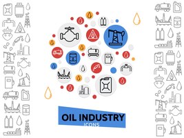 Modèle de l'industrie pétrolière avec gaz combustible et icônes de ligne pétrochimique dans des cercles colorés isolés illustration