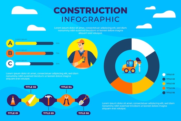 Vecteur gratuit modèle d'infographie d'entreprise de construction plate