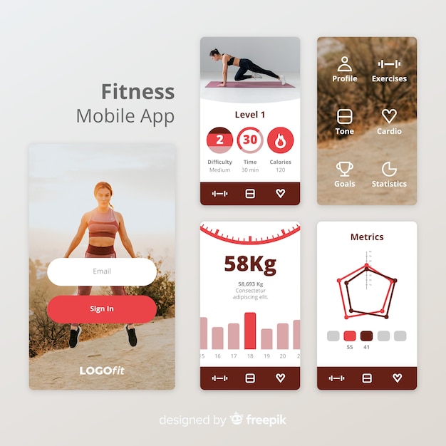 Vecteur gratuit modèle d'infographie de fitness app mobile