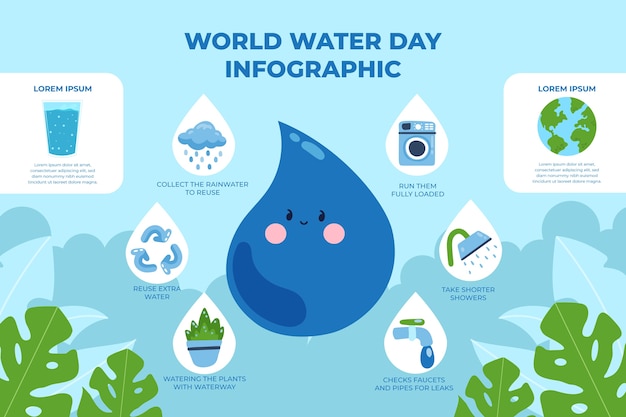 Vecteur gratuit modèle d'infographie de la journée mondiale de l'eau plate