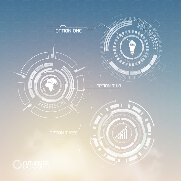 Modèle d'infographie virtuelle numérique avec des icônes d'affaires de formes abstraites et trois options sur la lumière