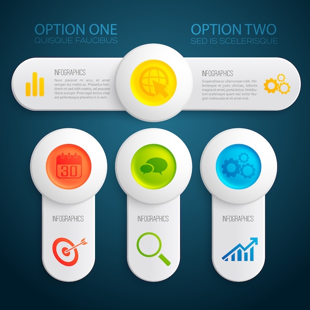 Modèle Infographique Abstrait Avec Options De Texte De Bannières Boutons Ronds Colorés Et Illustration D'icônes