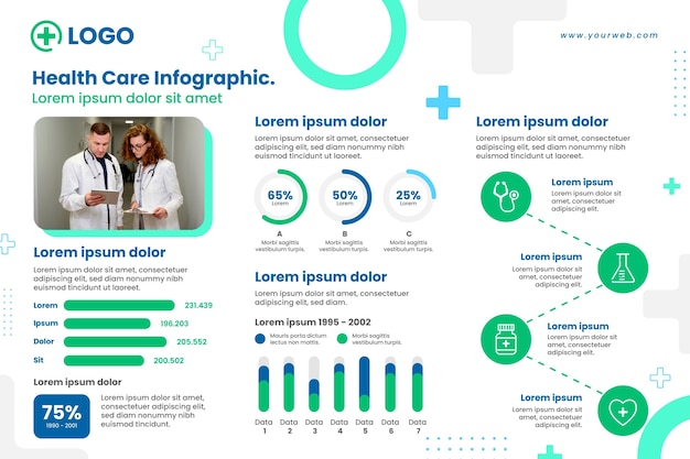 Vecteur gratuit modèle infographique plat d'hôpital et de soins de santé