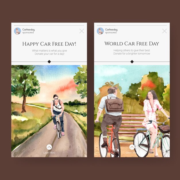 Modèle Instagram Avec La Conception De Concept De La Journée Mondiale Sans Voiture Pour Les Médias Sociaux Et L'aquarelle Internet.