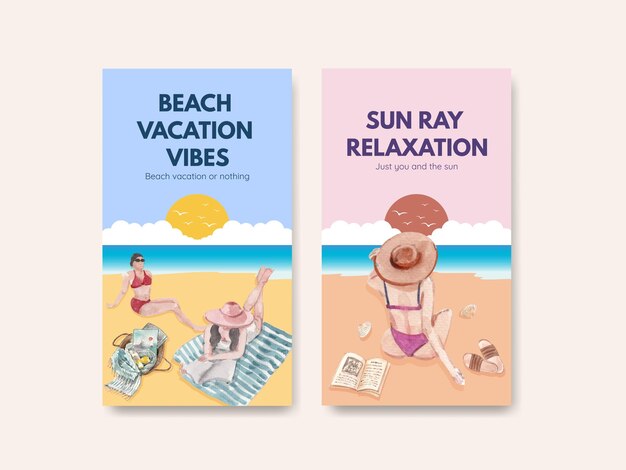 Modèle Instagram Avec Conception De Concept De Vacances à La Plage Pour Illustration Aquarelle De Médias Sociaux