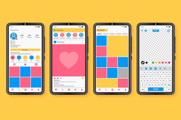 Vecteur gratuit modèle d'interface de profil instagram avec téléphone portable