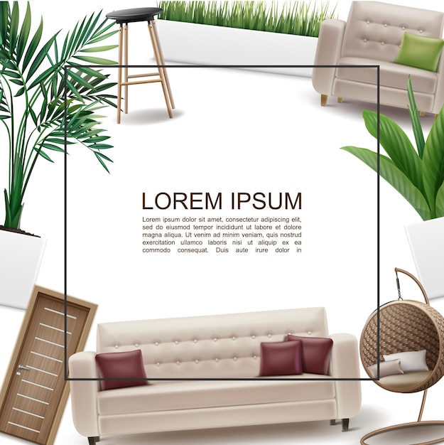 Modèle intérieur de maison réaliste avec cadre pour texte coussins de canapé porte en bois osier et chaises de bar fauteuil herbe et plantes dans le cadre de pots de fleurs