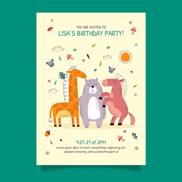 Vecteur gratuit modèle d'invitation d'anniversaire animaux dessinés à la main