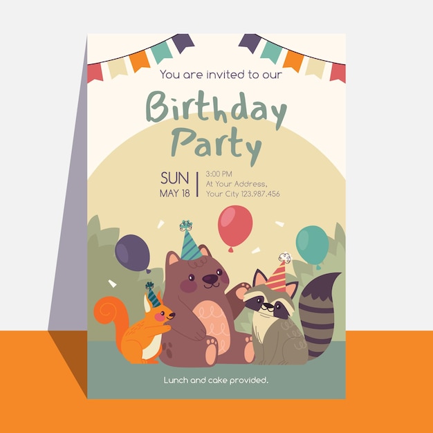 Vecteur gratuit modèle d'invitation anniversaire animaux
