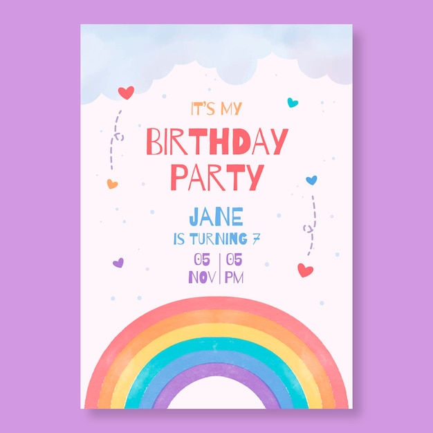 Modele D Invitation D Anniversaire Arc En Ciel Aquarelle Peint A La Main Vecteur Gratuite