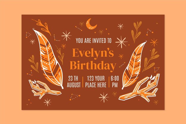 Vecteur gratuit modèle d'invitation d'anniversaire boho dessiné à la main