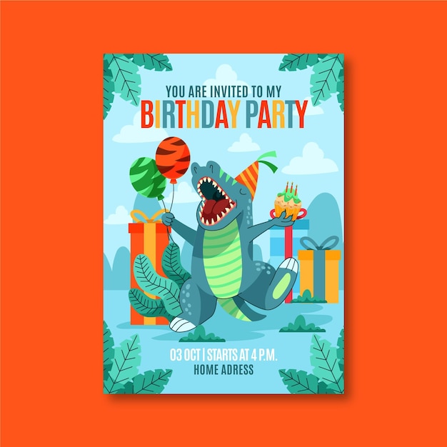 Vecteur gratuit modèle d'invitation d'anniversaire de dinosaure dessiné à la main