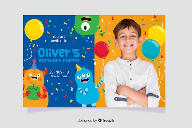Vecteur gratuit modèle d'invitation anniversaire enfants avec image