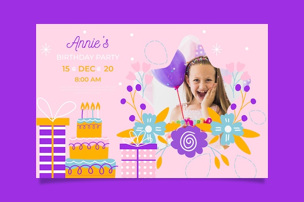 Vecteur gratuit modèle d'invitation d'anniversaire de fille avec image