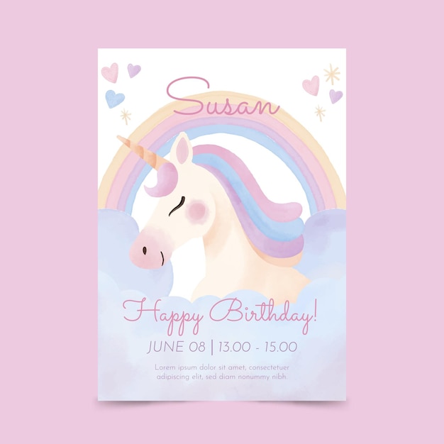 Modèle D'invitation D'anniversaire De Licorne Aquarelle Peinte à La Main