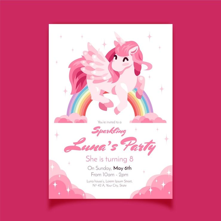 Vecteur gratuit modèle d'invitation d'anniversaire de licorne de dessin animé
