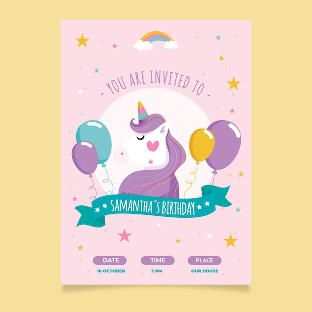 Vecteur gratuit modèle d'invitation d'anniversaire licorne plate