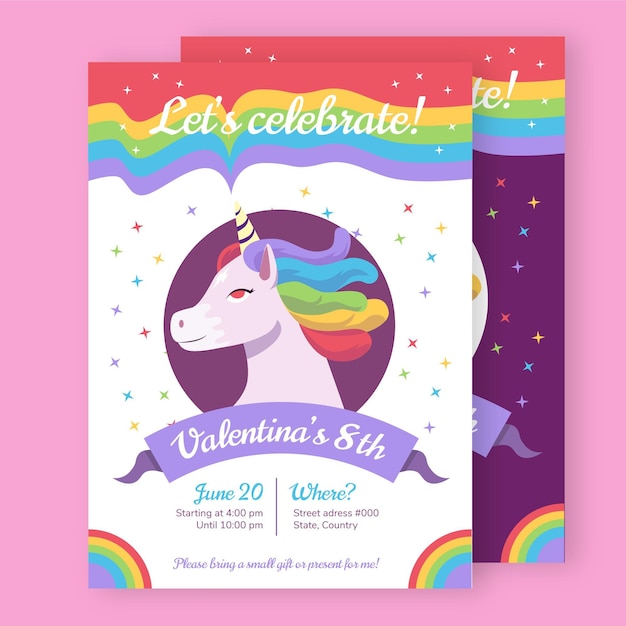 Modele D Invitation D Anniversaire Licorne Plate Vecteur Gratuite