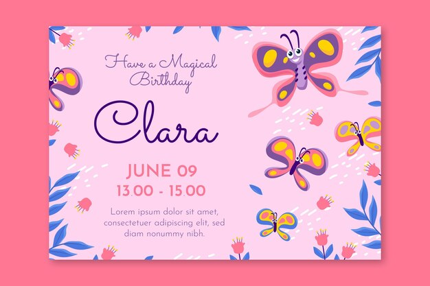 Modele D Invitation D Anniversaire Pour Enfants Avec Papillon Vecteur Gratuite