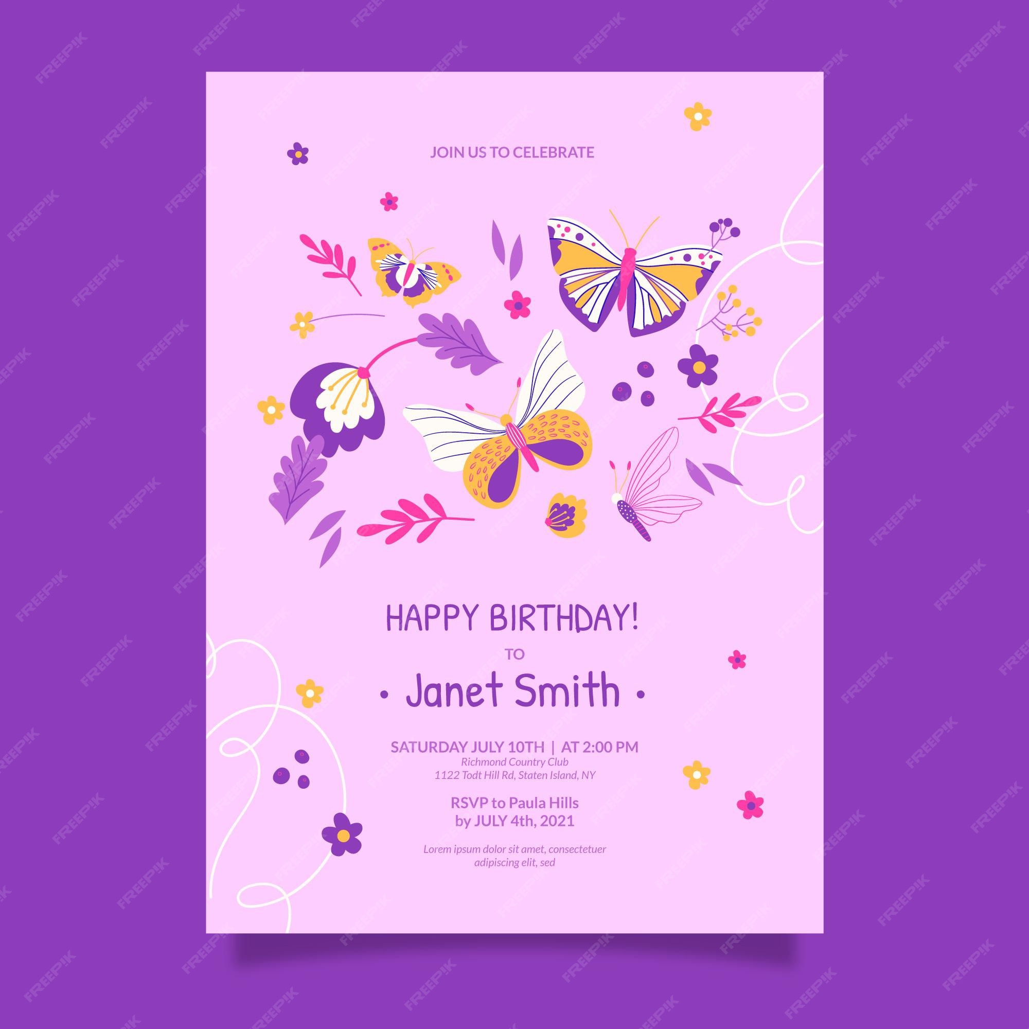 Carte Anniversaire Papillon Gratuite Imprimer Modèle D'invitation D'anniversaire Papillon Dessiné à La Main | Vecteur Gratuite