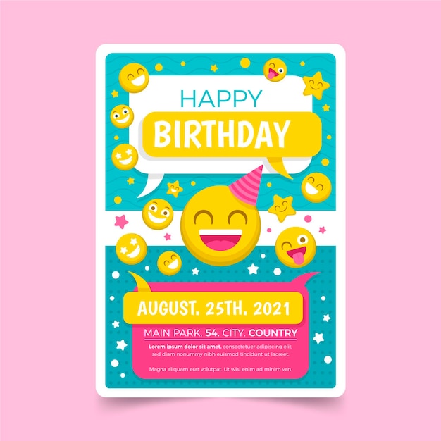 Vecteur gratuit modèle d'invitation d'anniversaire plat emoji