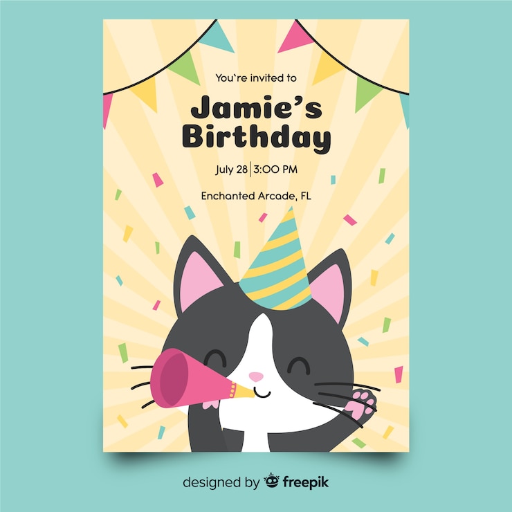Vecteur gratuit modèle d'invitation anniversaire pour enfants avec chat