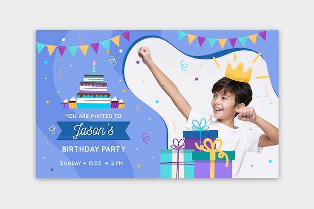 Vecteur gratuit modèle d'invitation d'anniversaire pour enfants multicolores