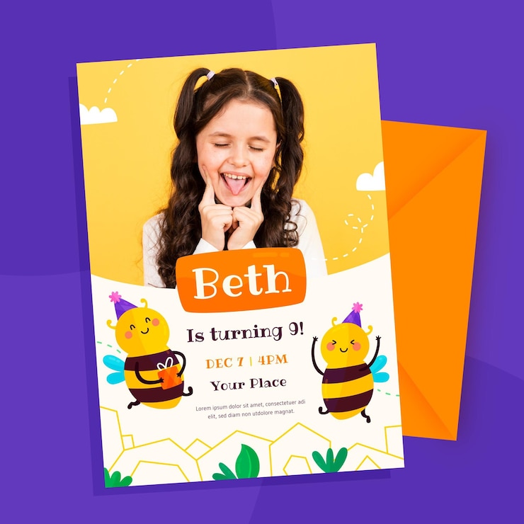 Vecteur gratuit modèle d'invitation d'anniversaire pour enfants avec photo